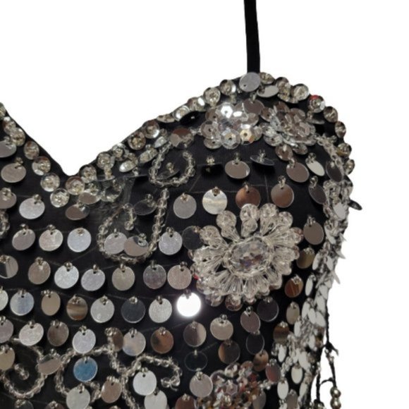 Black Sequin Halter Crop Top Silver Sequin Backless Belly Dancing Tops NEW - Picture 7 of 11